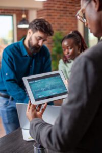 Managers looking at reports AI